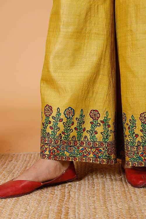 'Sunehri Phoolwari' Handpainted Madhubani Tussar Silk Palazzo