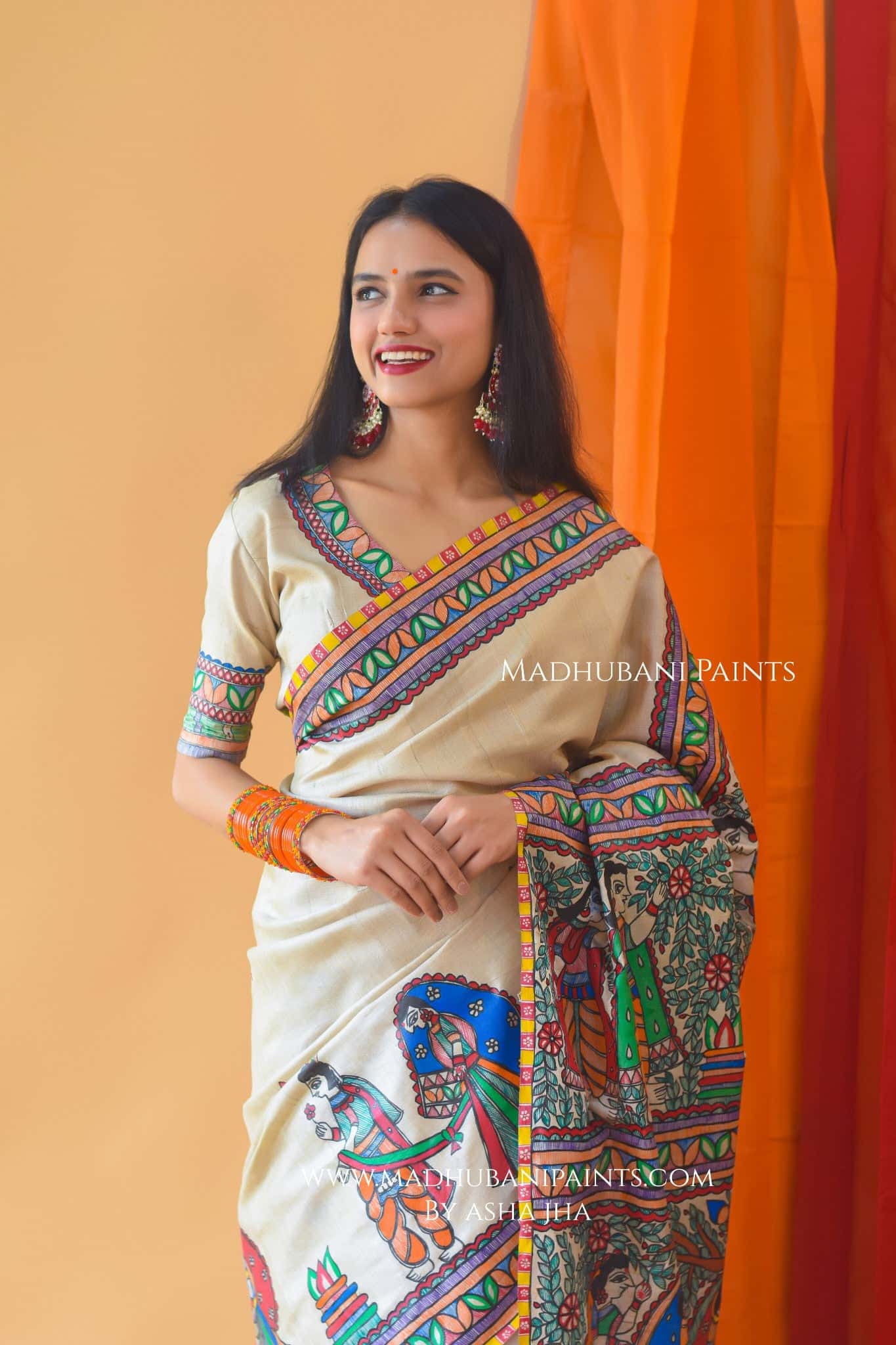 MITHILANCHAL VIVAH Hand-painted Madhubani Tussar Silk Saree Blouse Set — image 7 of 10