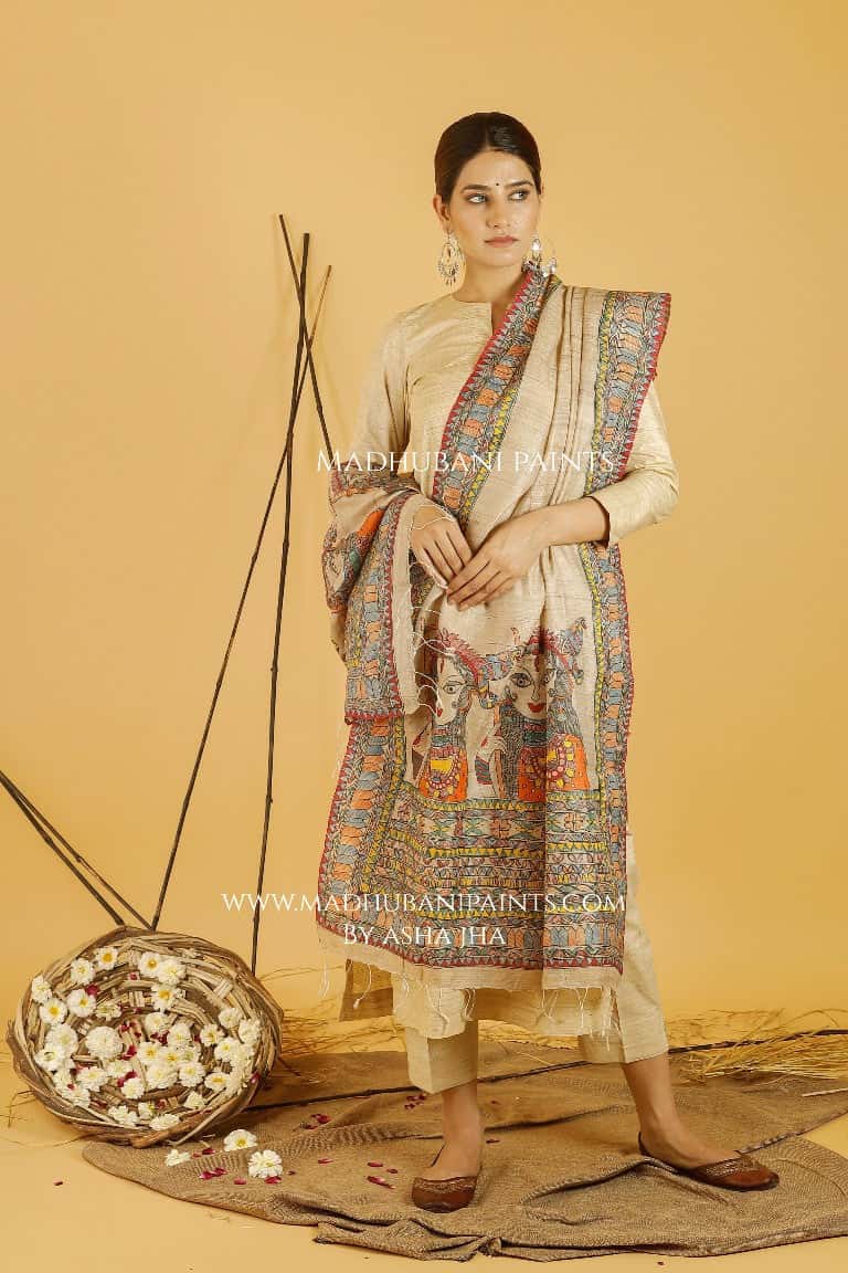 Maa Durga Madhubani Handpainted Pure Handwoven Tussar Silk Dupatta — image 4 of 4