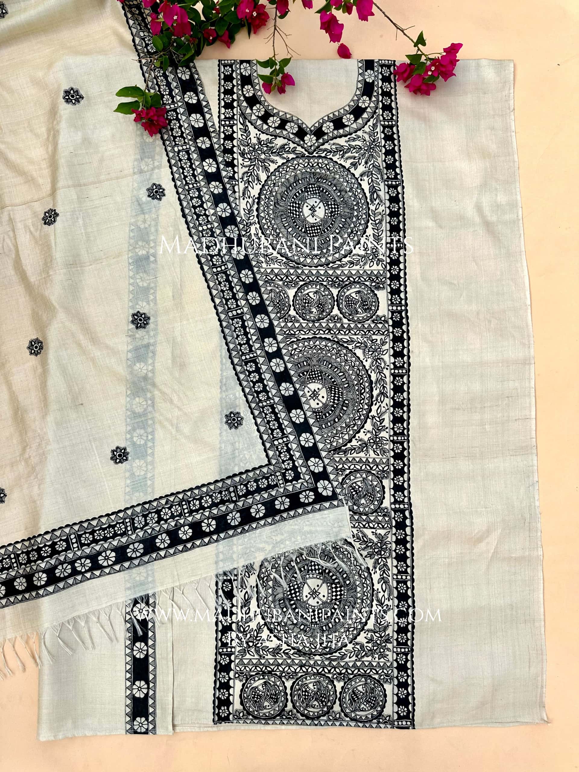 Black Phool Bharni Handpainted Unstitched Tussar Silk Kurta — image 2 of 2