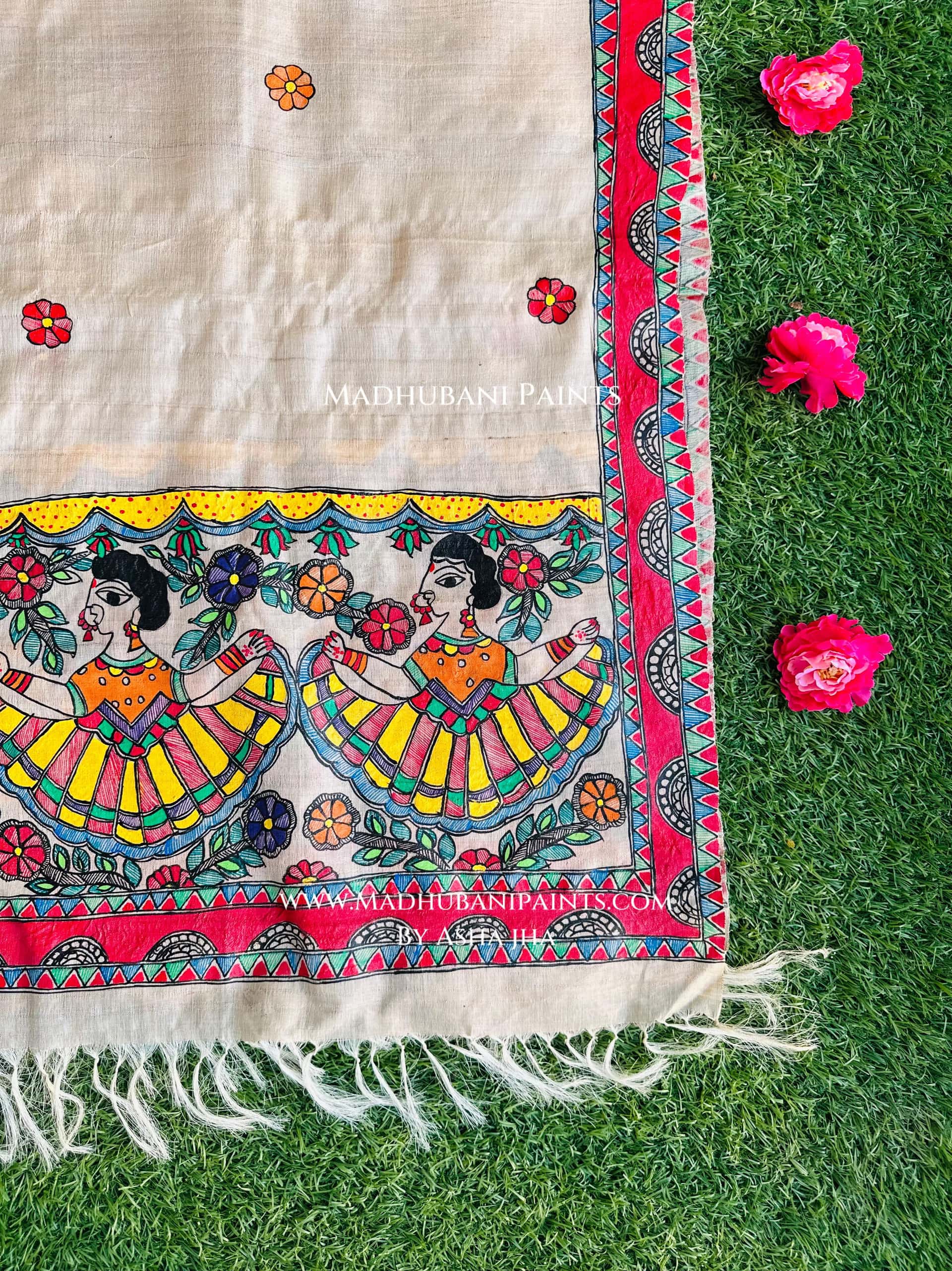 Vrindavan Gudiya Tussar Silk Madhubani Hand-painted Stole — image 2 of 2