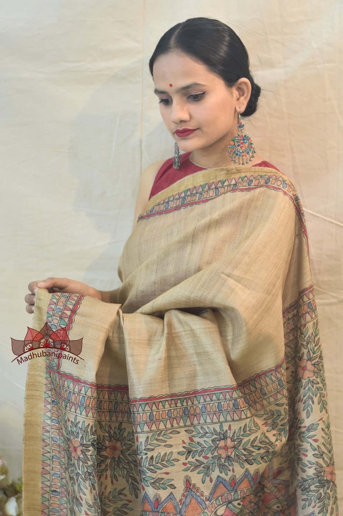 Peacock On Tree Handpainted Silk Saree — image 5 of 5