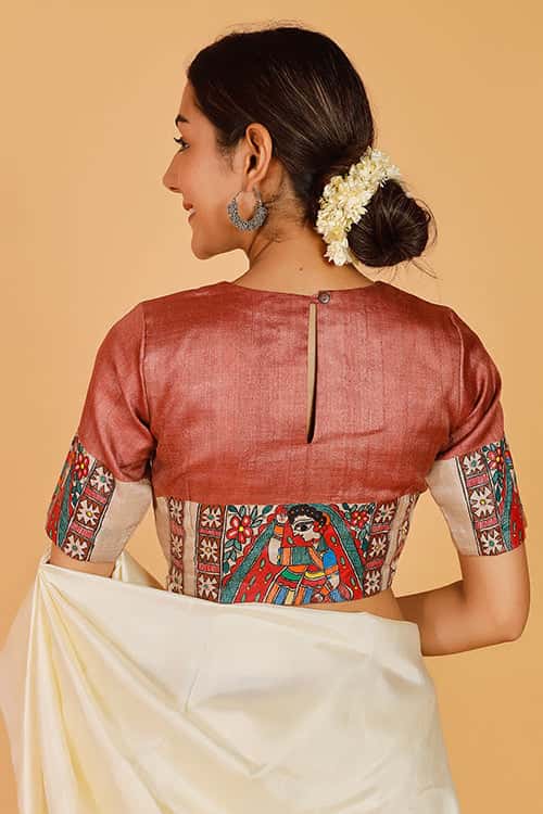 'Mithila Bride' Handpainted Madhubani Tussar Silk Blouse — image 8 of 10
