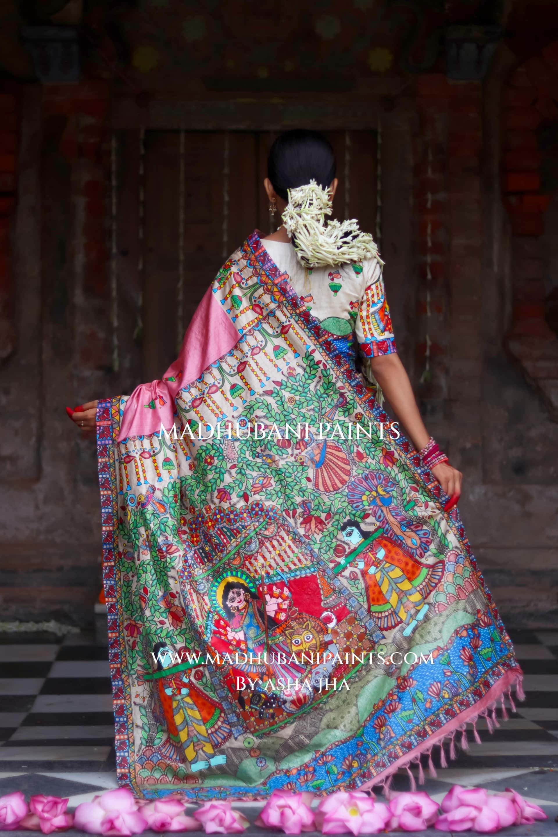 Durga Ji Ki Palki Handpainted Tussar Silk Madhubani Saree Blouse Set
