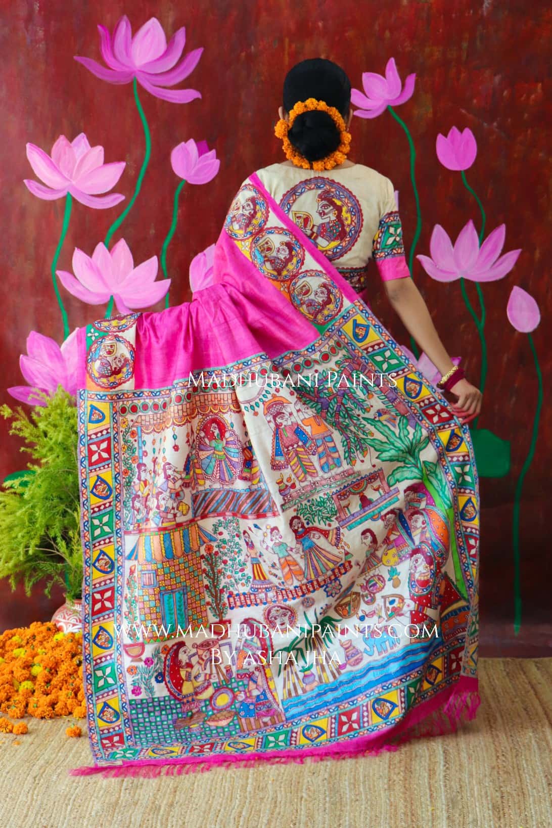 CHHATH MAHAPARV Handpainted Madhubani Tussar Silk Saree Blouse Set — image 6 of 11