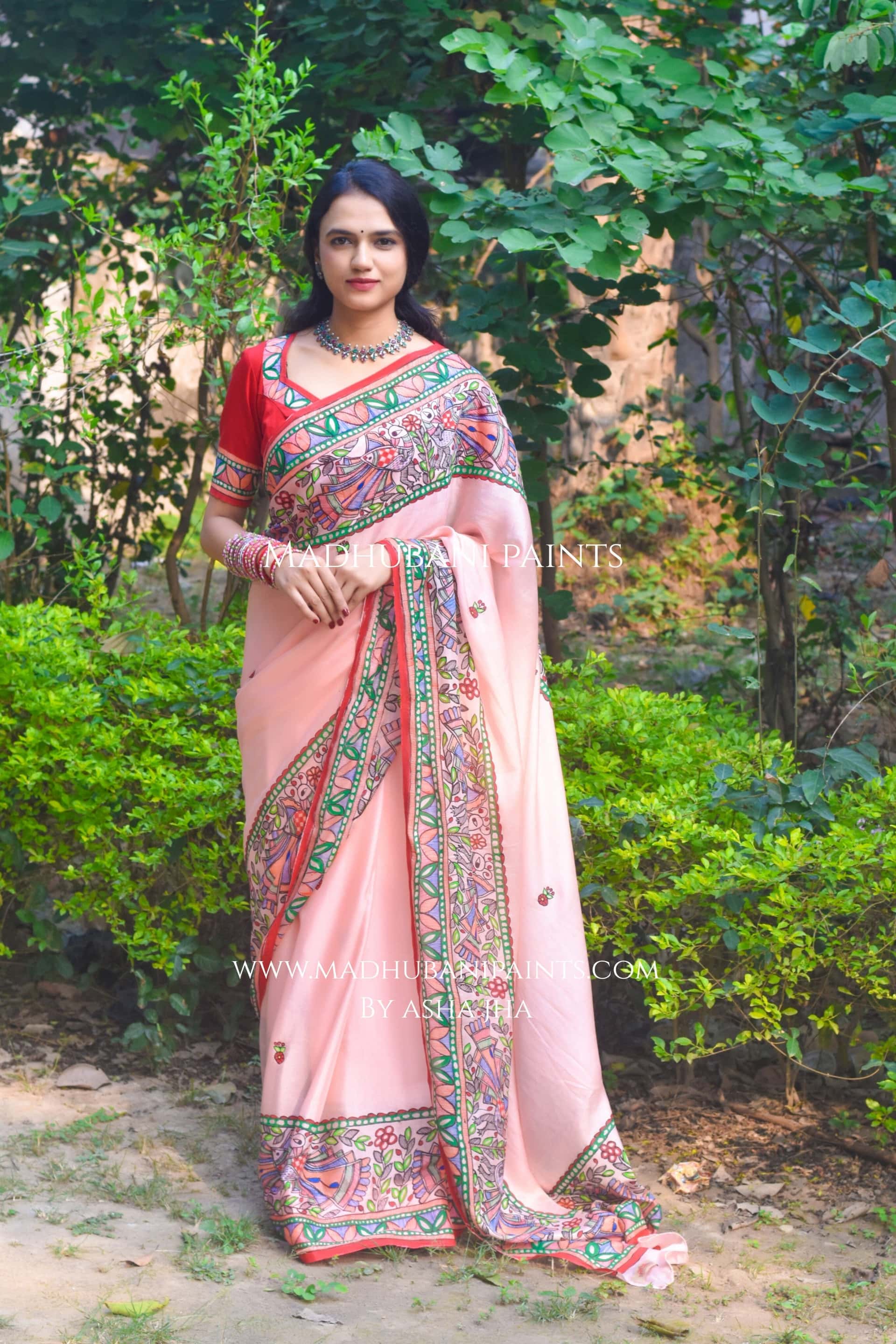 Gulabi Mor Hand-painted Madhubani Chiffon Saree Blouse Set — image 10 of 11
