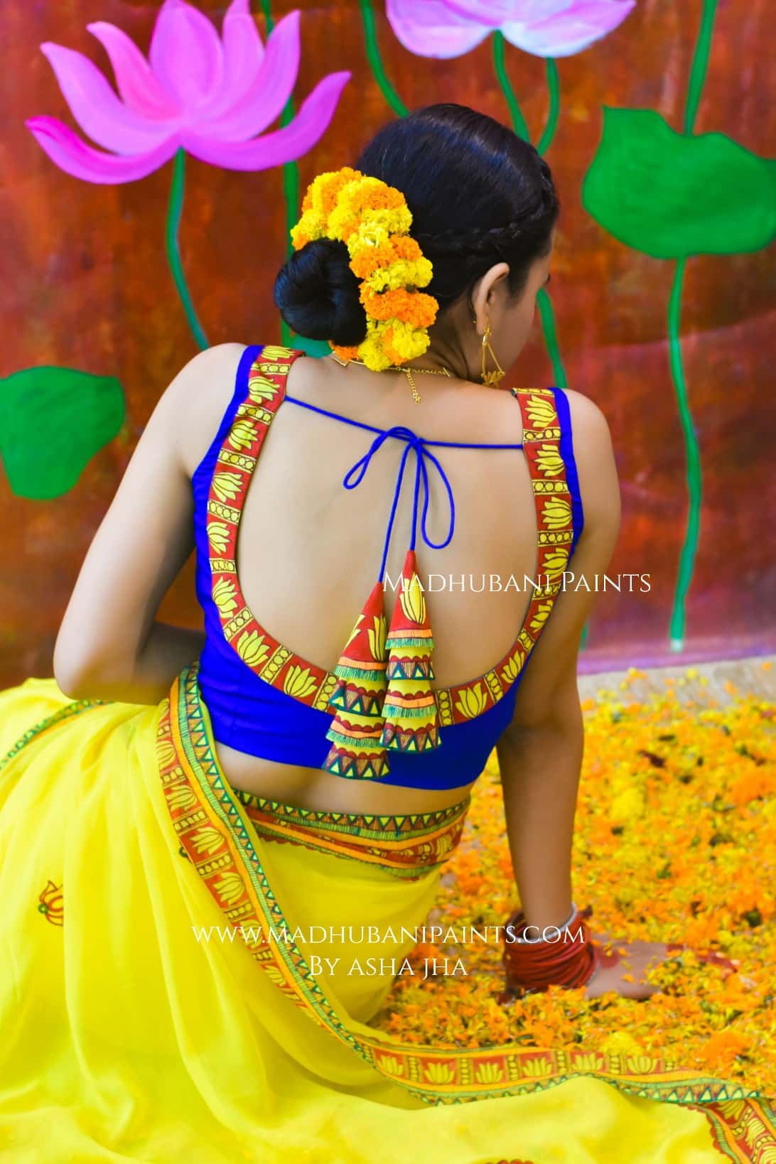 BHAKTI BHAVA Chhath Puja Hand painted Madhubani Georgette Saree Blouse Set — image 5 of 7