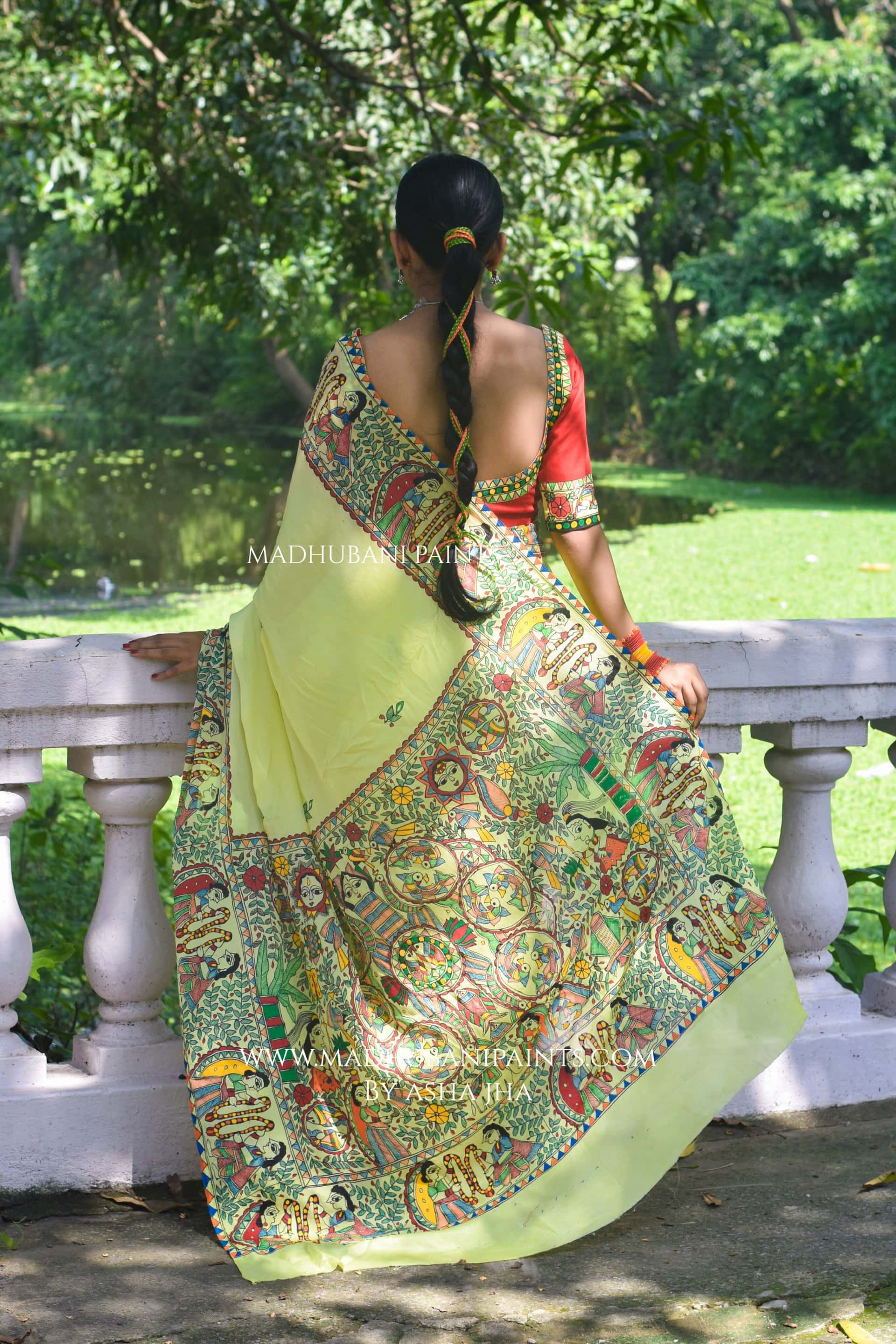Swaymbar Hand-painted Madhubani Chiffon Saree — image 3 of 6