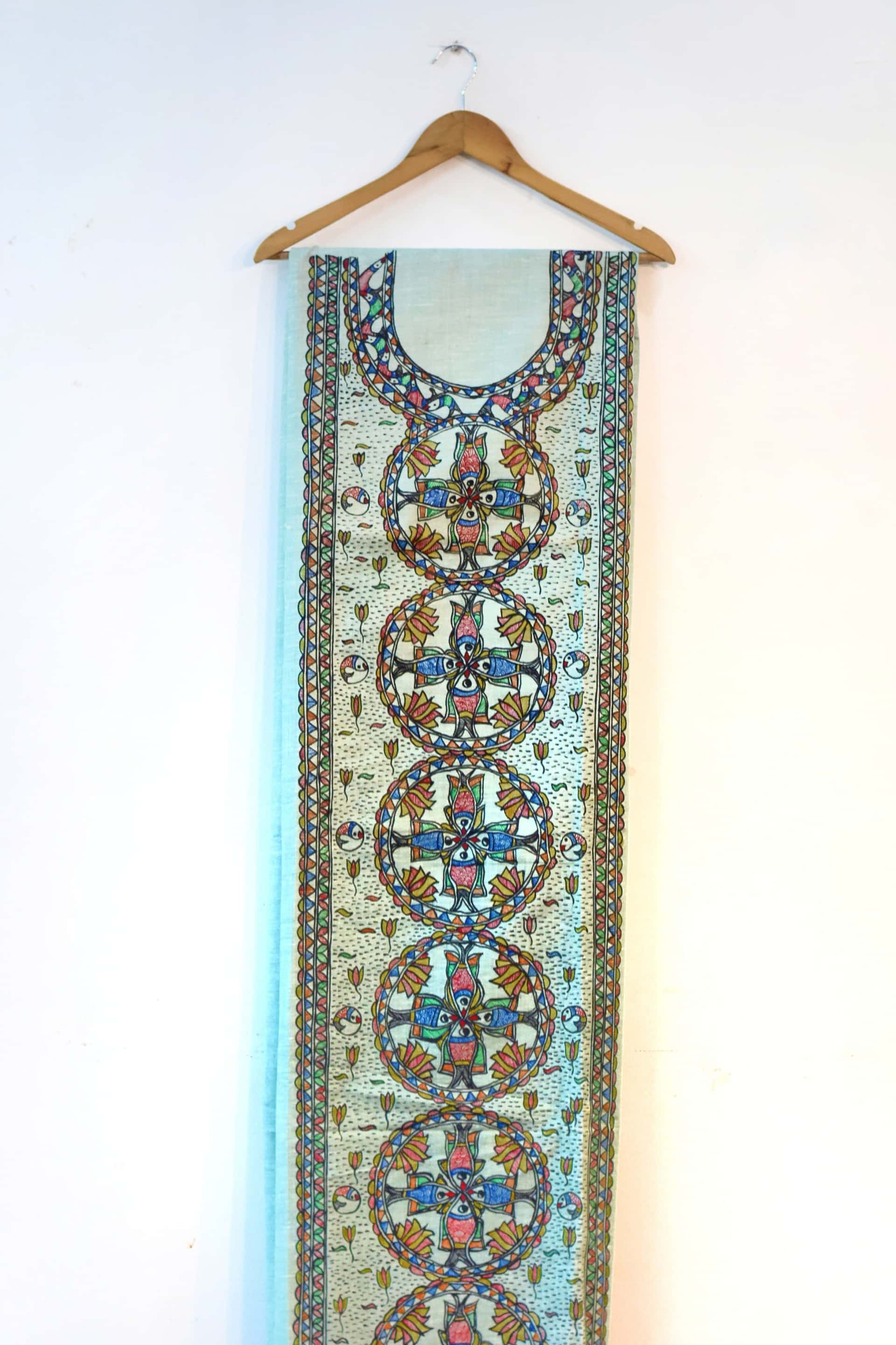 Fish Rhythm Hand-painted Madhubani Painting Cotton Unstitched Kurta — image 2 of 2