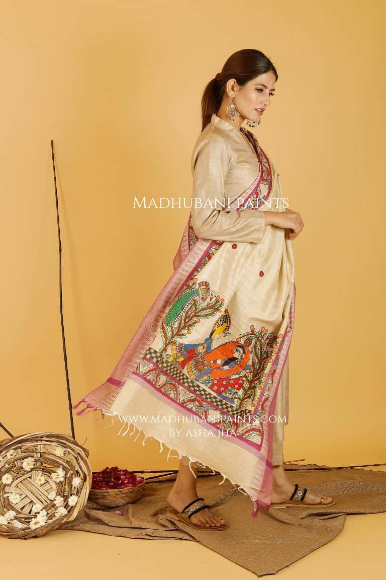 Krishna Radha Leela Madhubani Handpainted Pure Handloom Cotton Dupatta — image 2 of 5