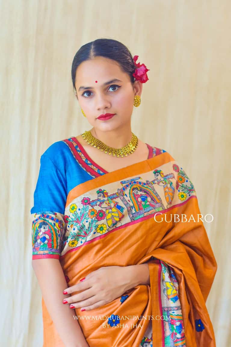Swayamvar Kohbar Kathaa Madhubani Paints Hand Painted Tussar Silk Blouse — image 2 of 4