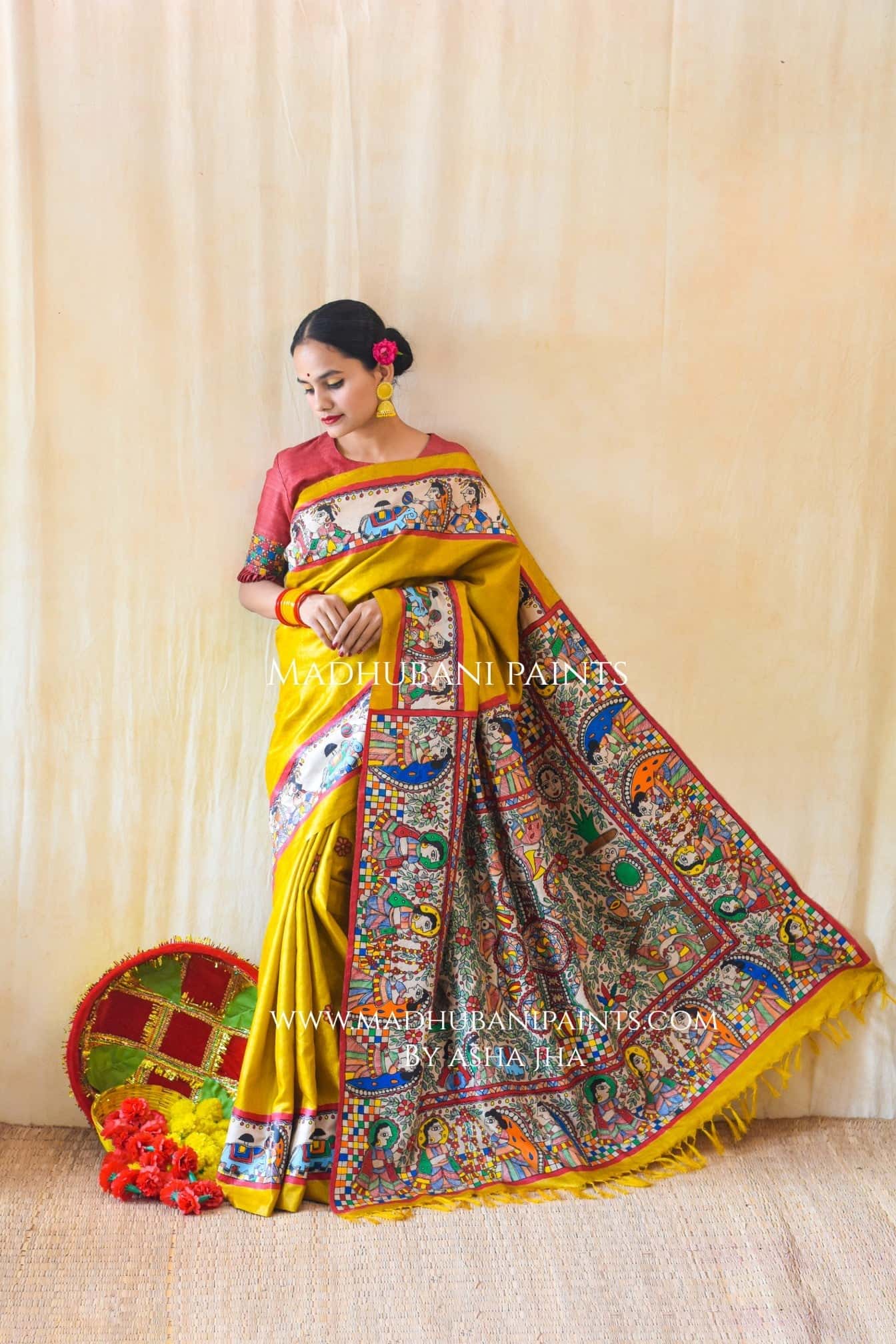 Mithila Kohbar Hand Painted Madhubani Tussar Silk Saree Blouse — image 5 of 10
