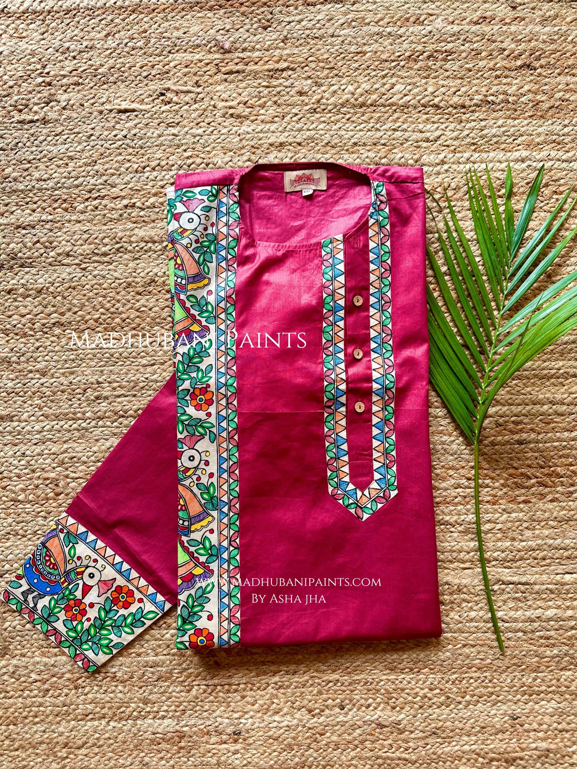 Maroon Mayuri Hand-painted Handloom Men's Cotton Kurta — image 2 of 4