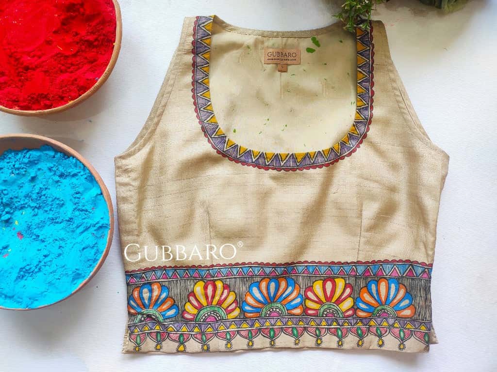 'Jhule Nand Lal sang Radha Rani' Madhubani Hand Painted Blouse — image 3 of 4