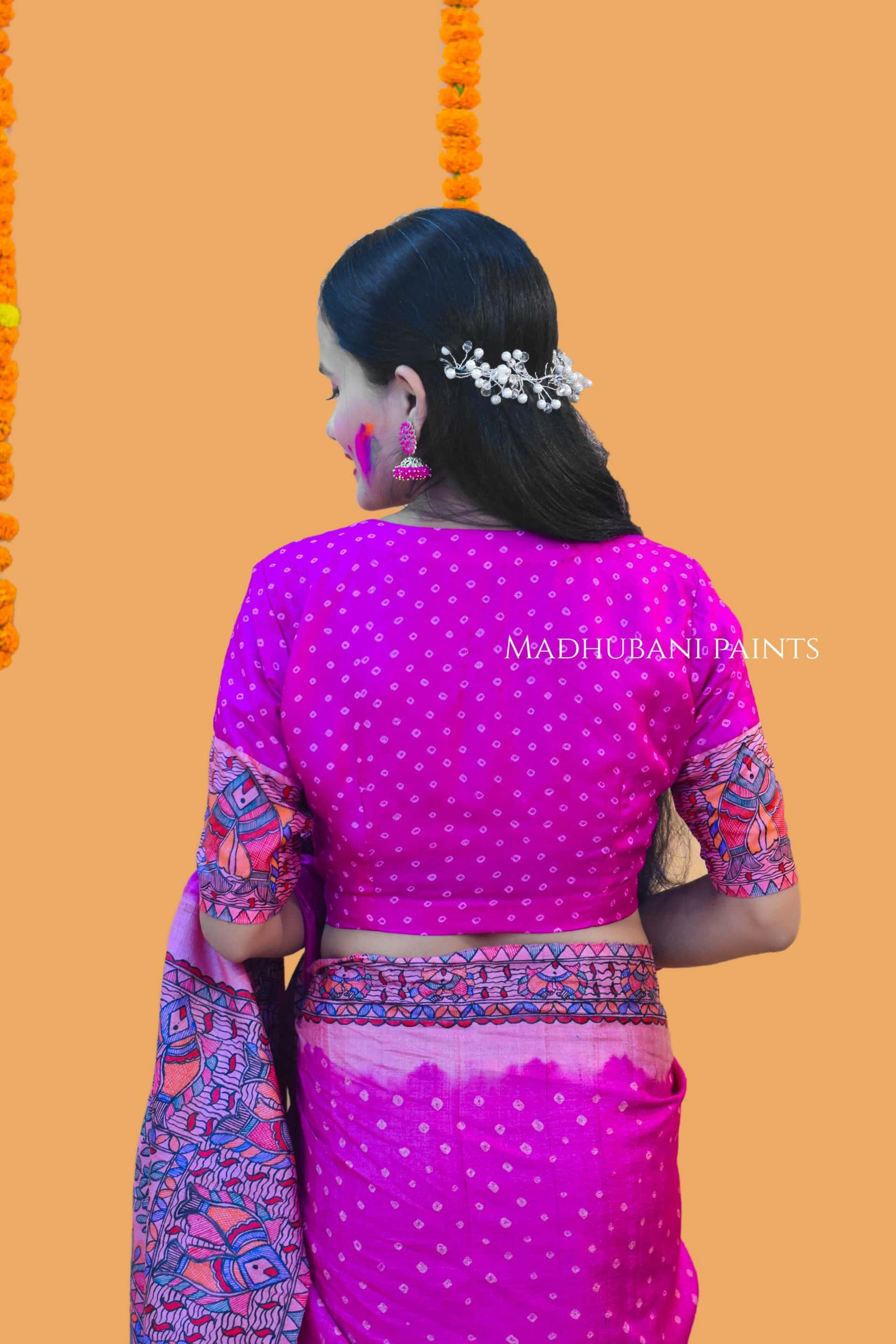 MATSYA BANDHINI MANDALI Hand-painted Madhubani Tussar Silk Saree Blouse Set — image 7 of 11