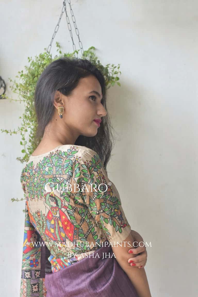 Bidai In Mithila Handpainted Madhubani Painting Saree with stitched blouse — image 5 of 9