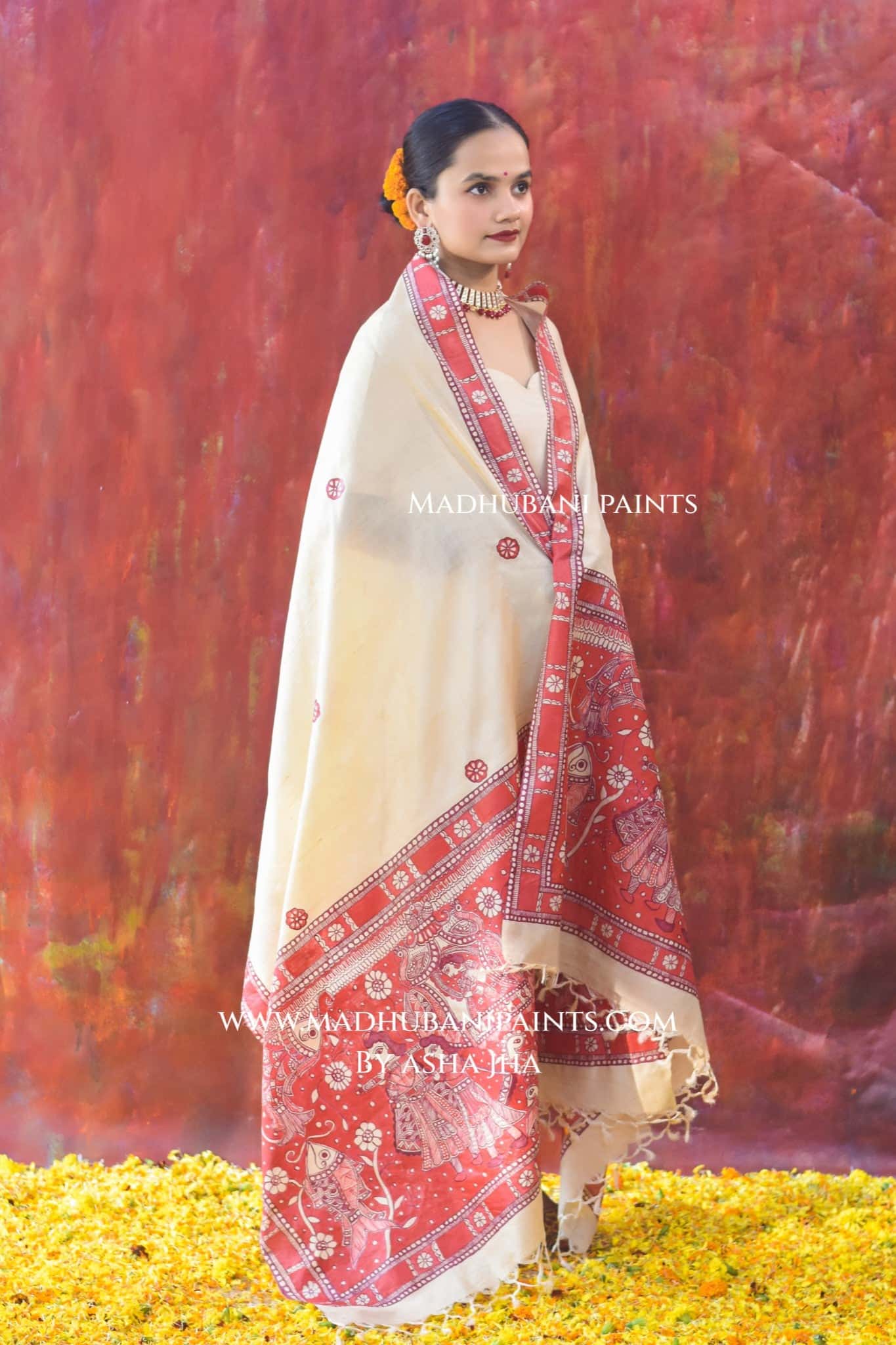 'LAAL DOLI' Handpainted Madhubani Tussar Silk Dupatta — image 2 of 6