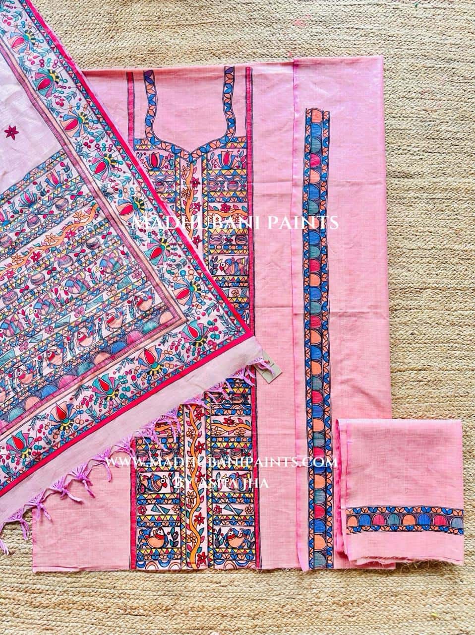 Prakritik Soundarya Hand-painted Madhubani Painting Cotton Unstitched Kurta Pant Dupatta Set — image 3 of 3