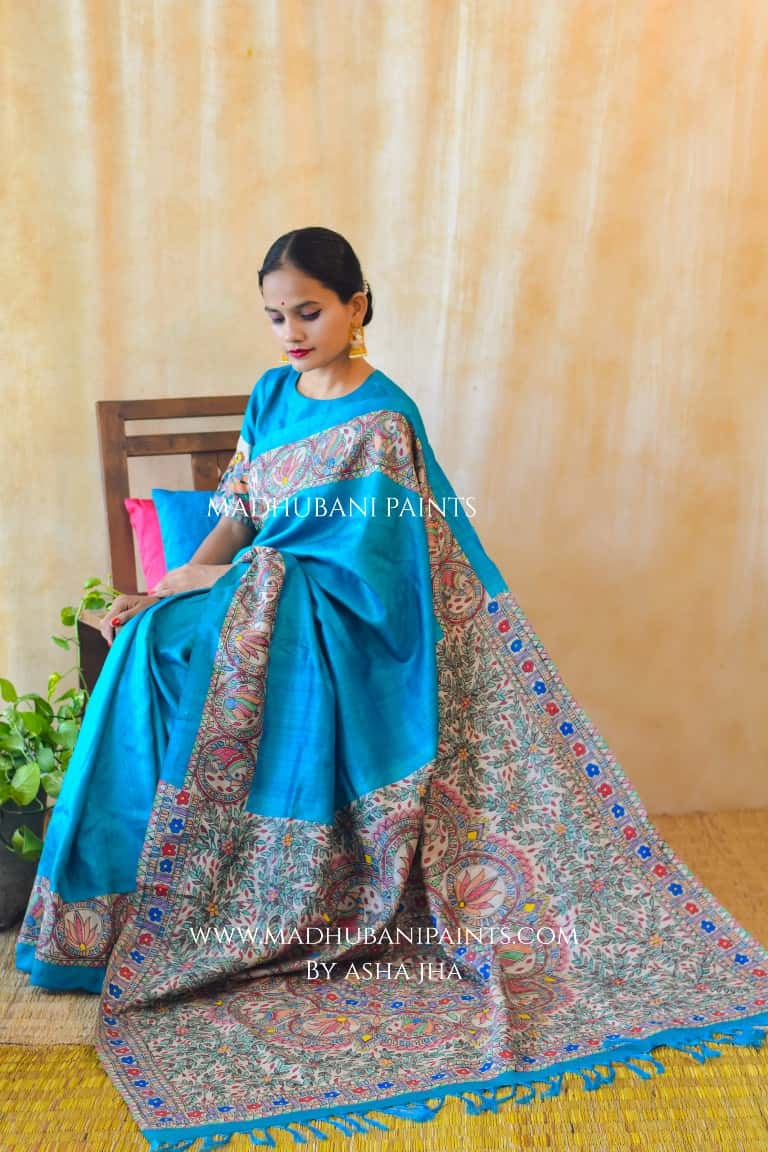 SAANKH KAMAL' Handpainted Madhubani Tussar Silk Saree — image 2 of 9