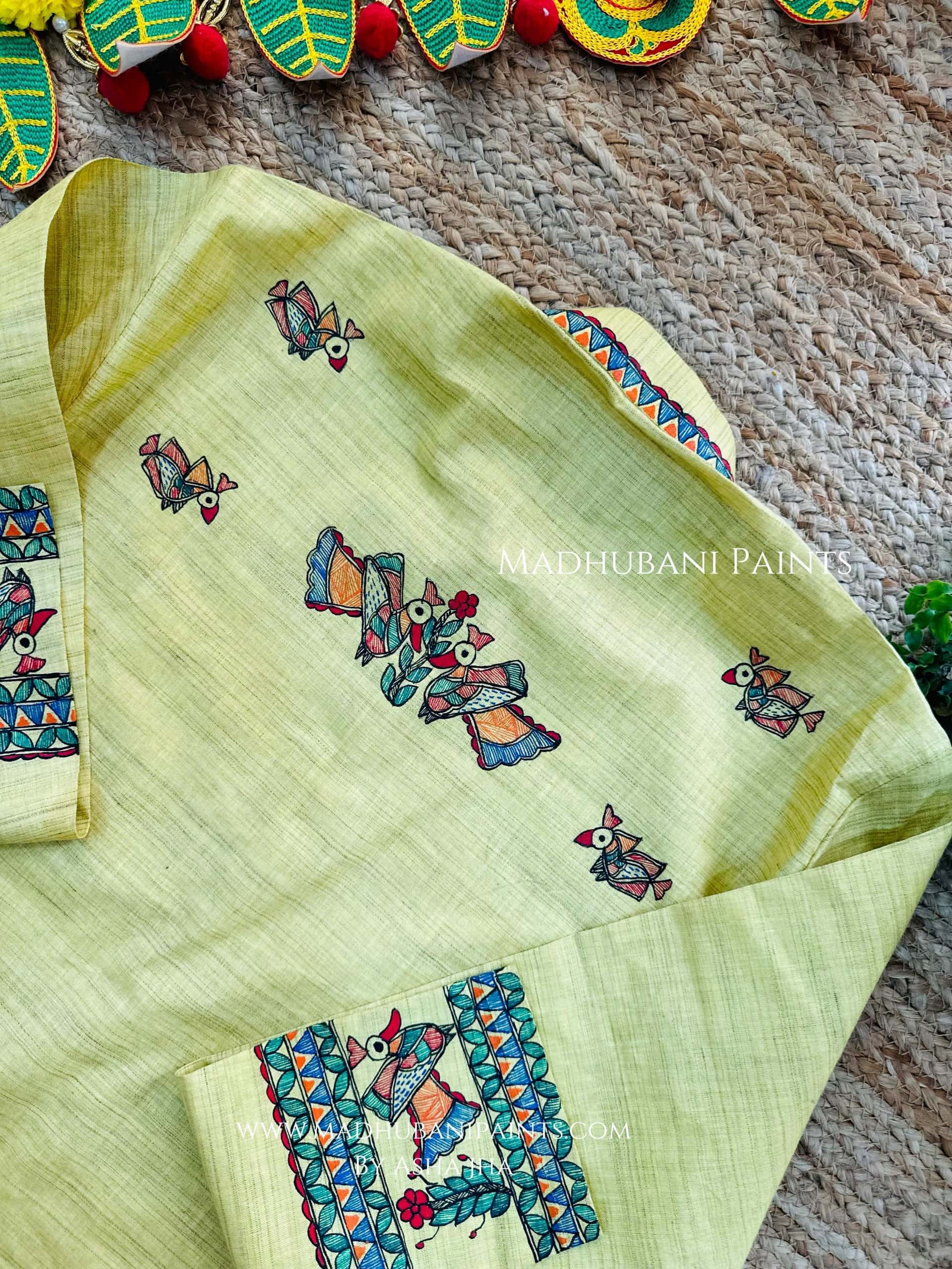 Yellow Mayuri Hand-painted Handloom Men's Cotton Kurta — image 4 of 9
