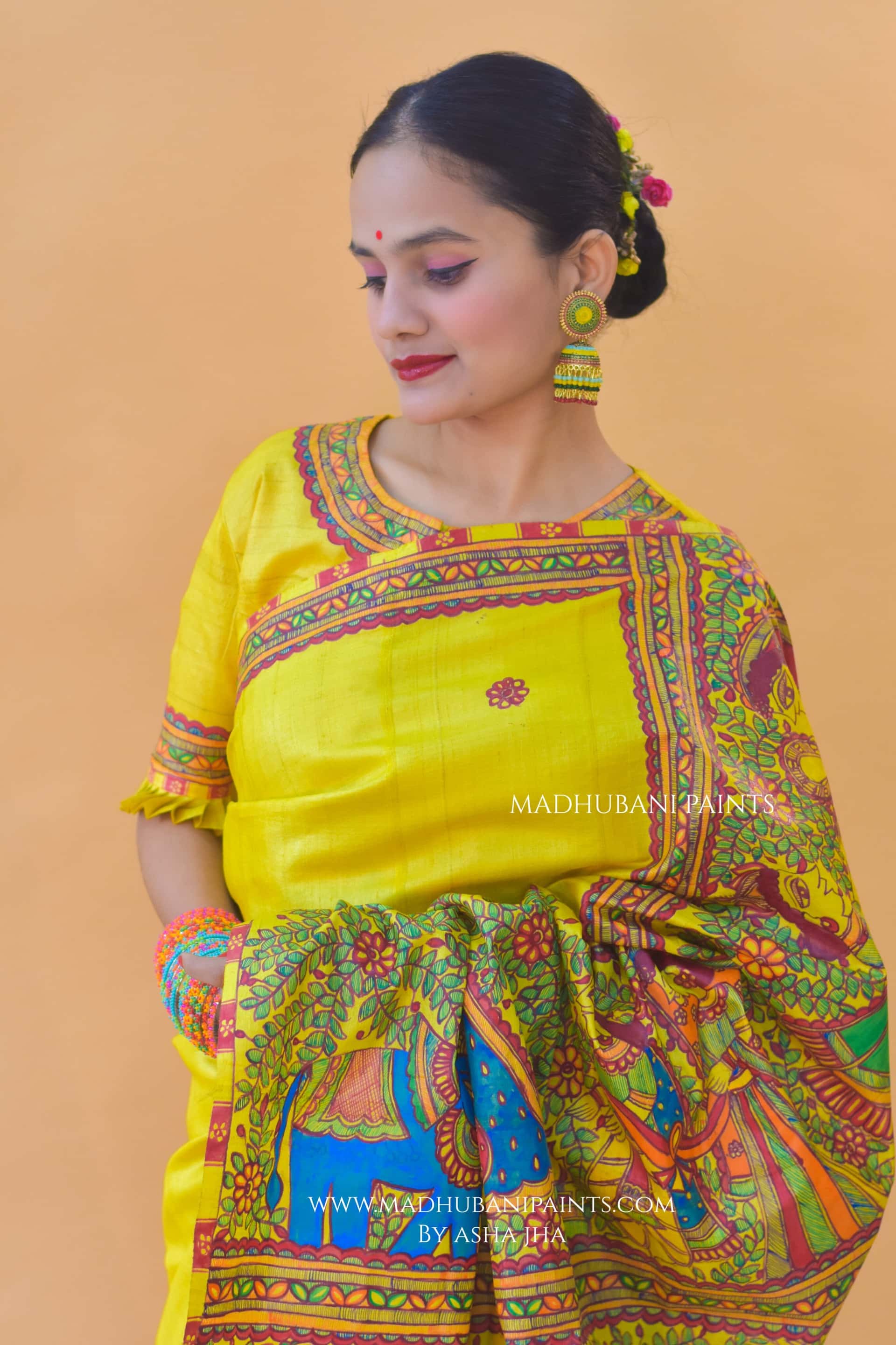 SAUBHAGYAVATI BHAVA Hand-painted Madhubani Tussar Silk Saree — image 5 of 5