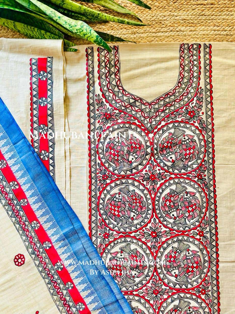 Mithila Maach Hand-painted Madhubani Painting Cotton Unstitched Kurta Pant Dupatta Set — image 2 of 3