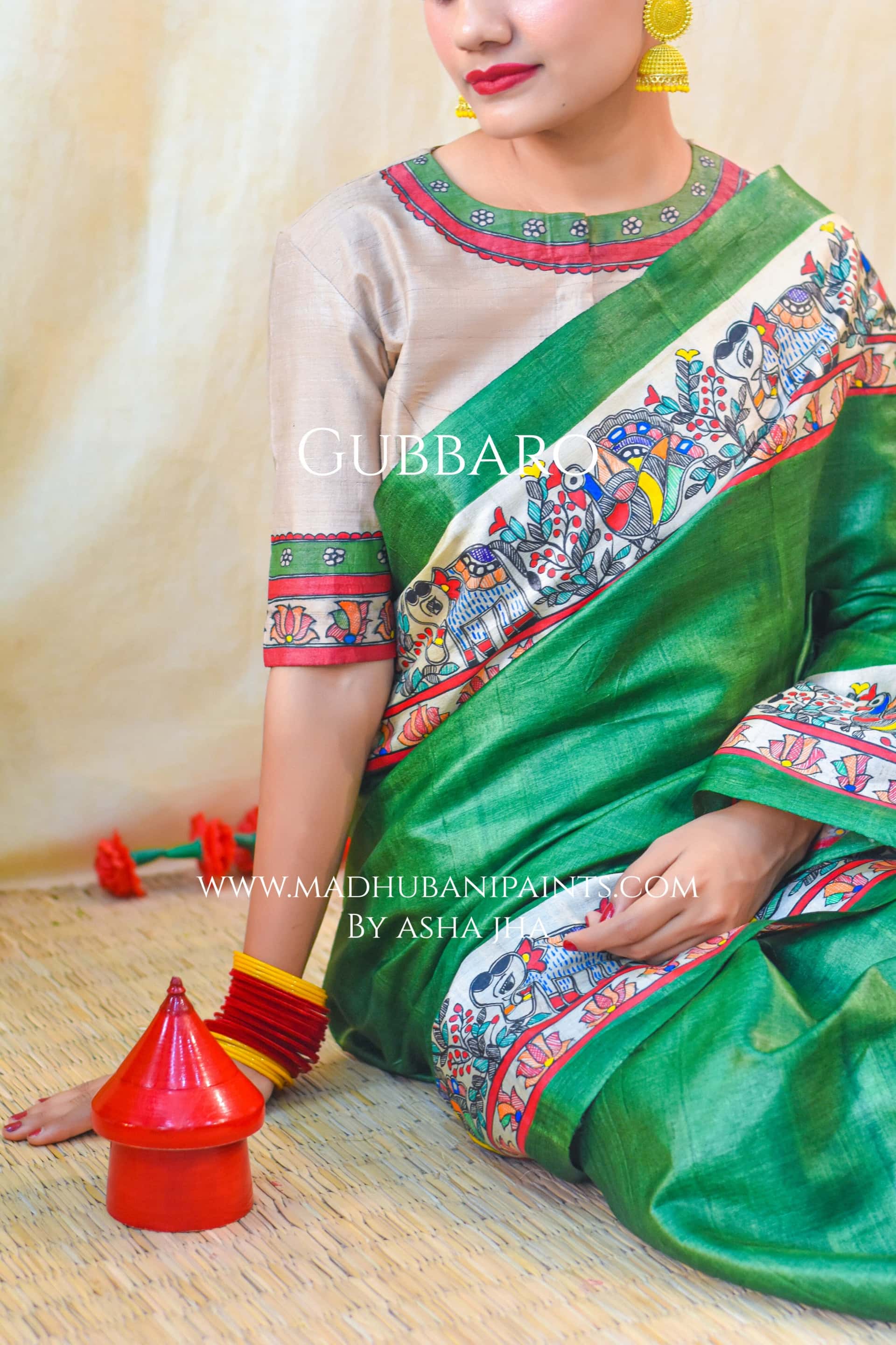 'HARIYALI'  Handpainted Madhubani Tussar Silk Saree Blouse Set — image 4 of 8