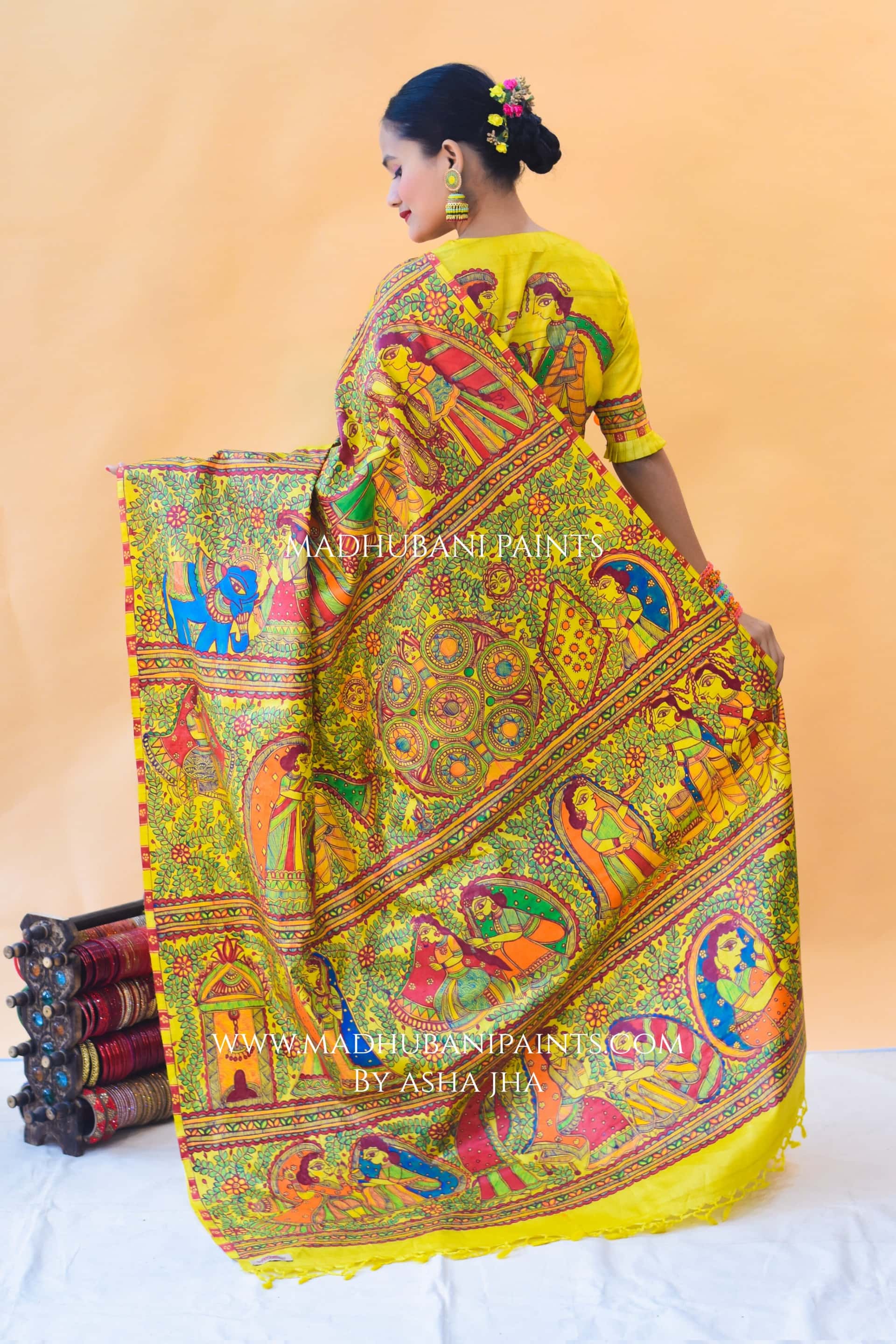 SAUBHAGYAVATI BHAVA Hand-painted Madhubani Tussar Silk Saree — image 2 of 5
