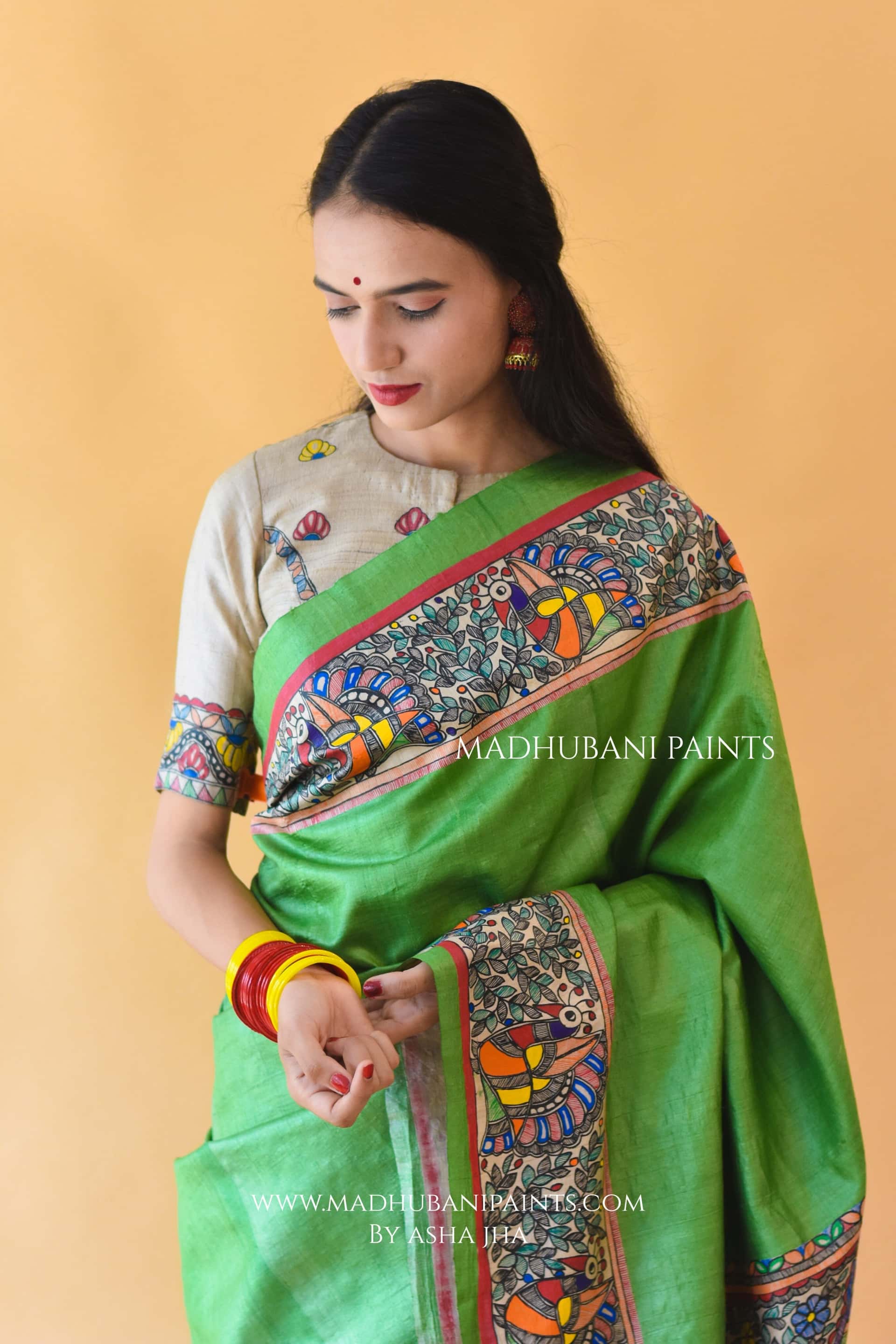 "Hariyali Ramayan" Hand-painted Madhubani Tussar Silk Saree — image 3 of 5