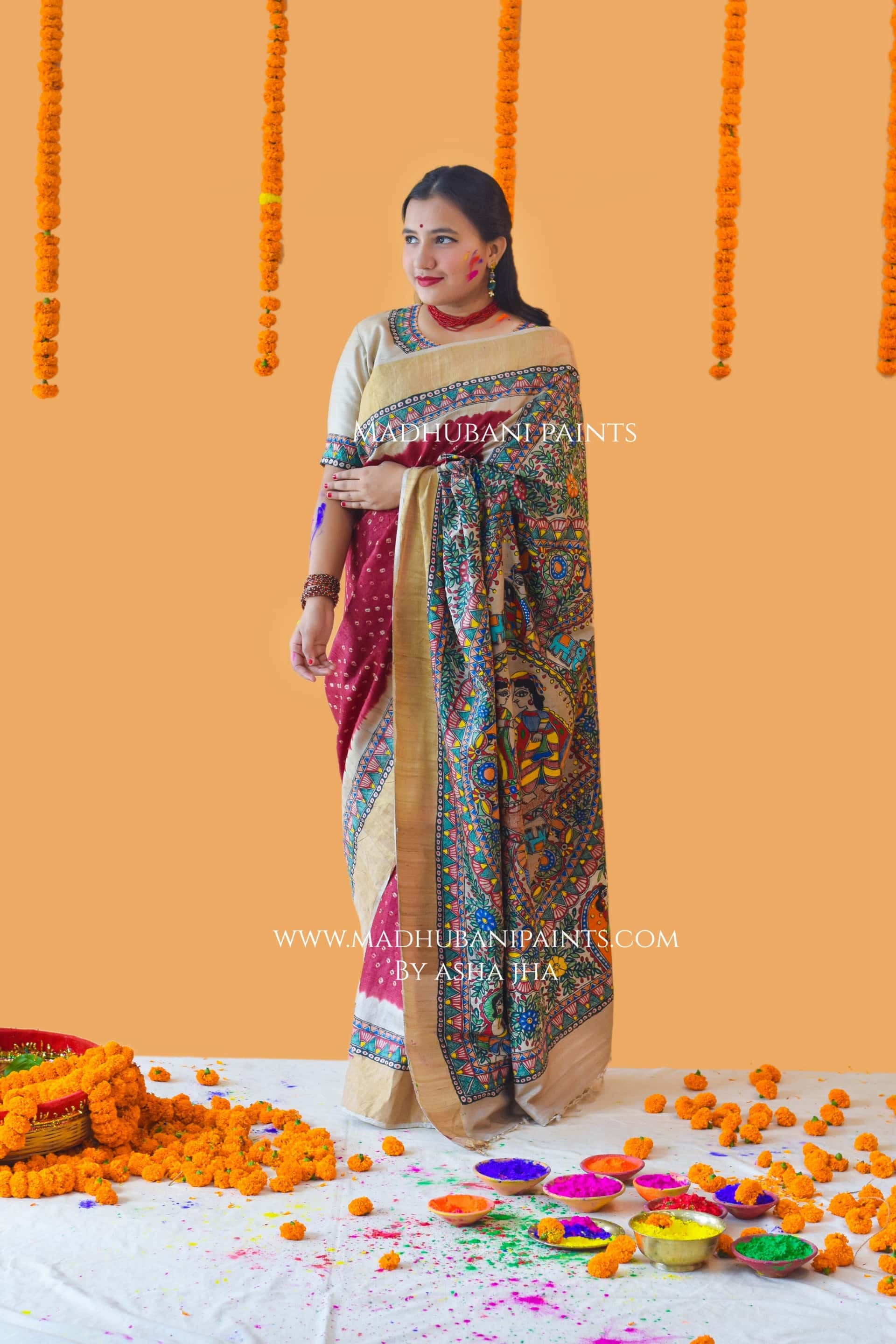GAURI PUJA Hand-painted Madhubani Bandhini Tussar Silk Saree Blouse Set — image 3 of 10