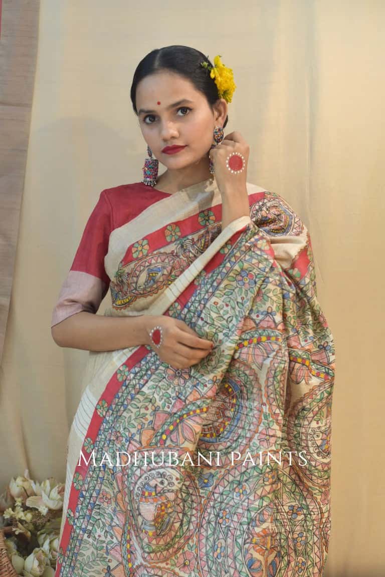 Peacock Tussar Madhubani Painted Saree — image 5 of 6