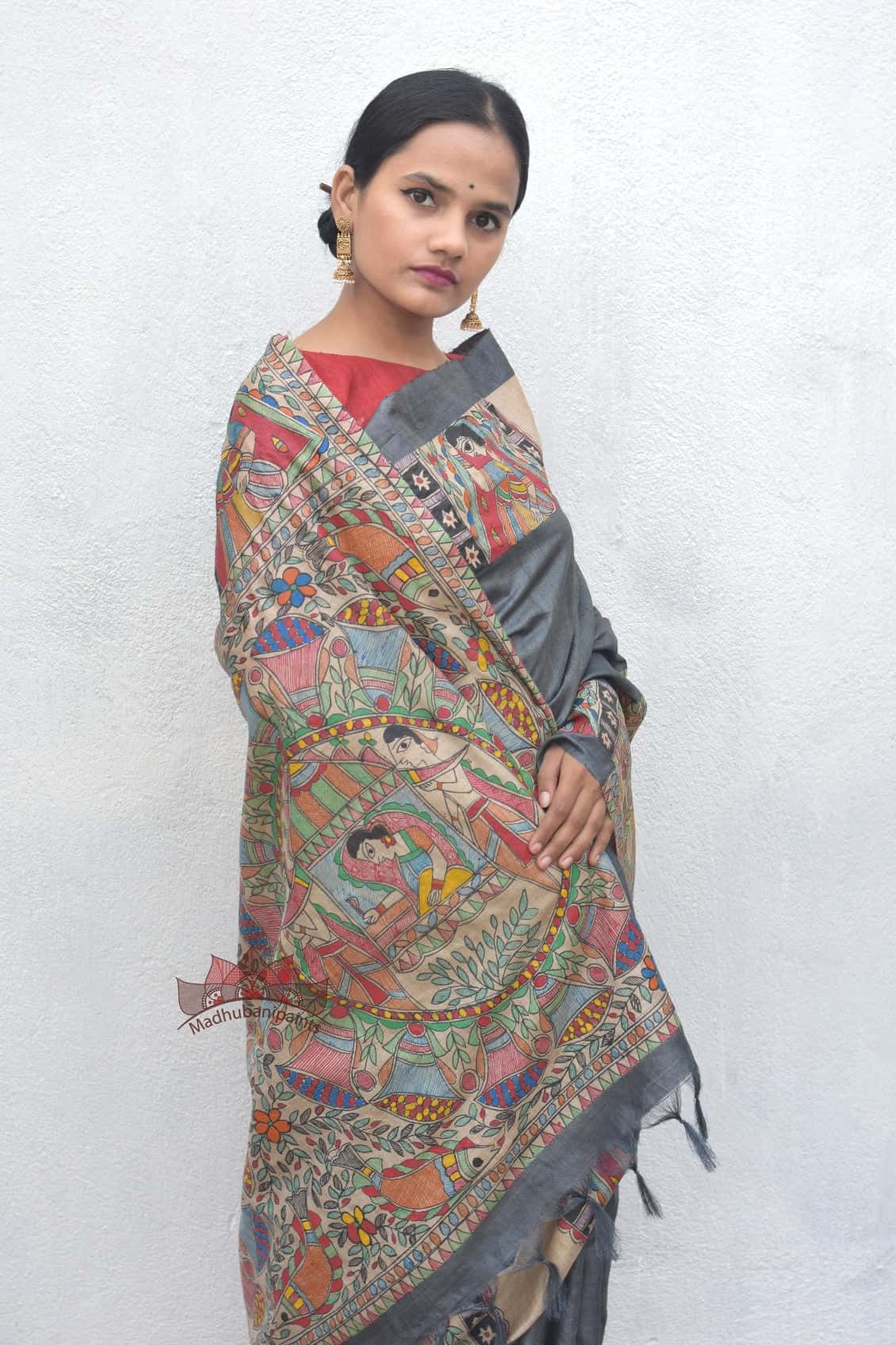 Madhubani Doli Ka Haar Handpainted Tussar Saree — image 2 of 4