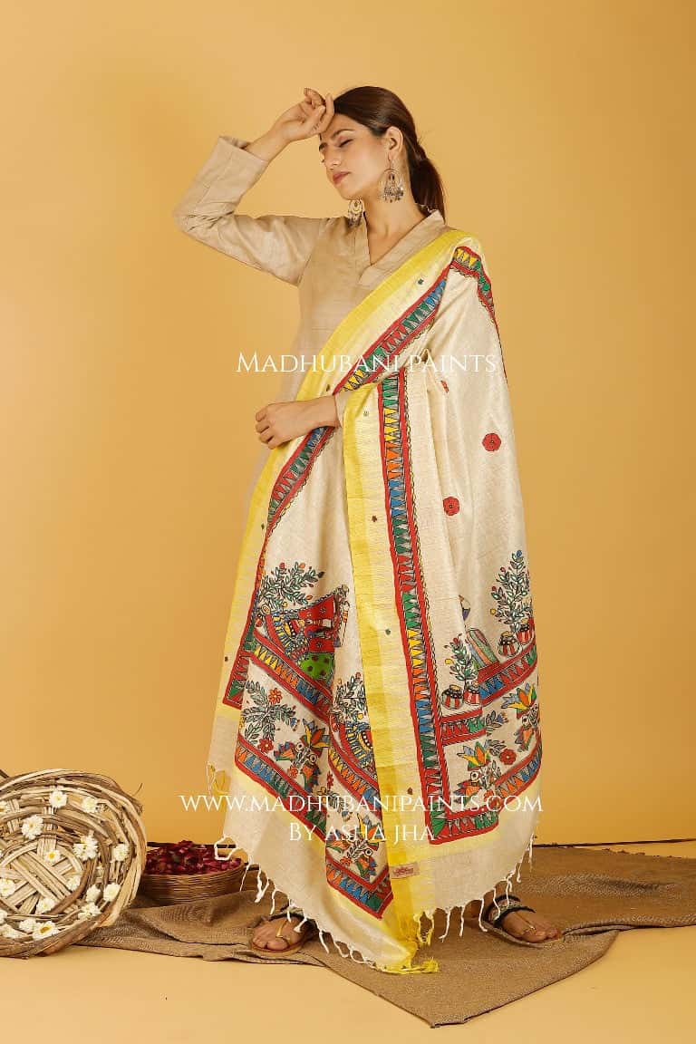 Gopi Madhubani Handpainted Pure Handloom Cotton Dupatta — image 3 of 4