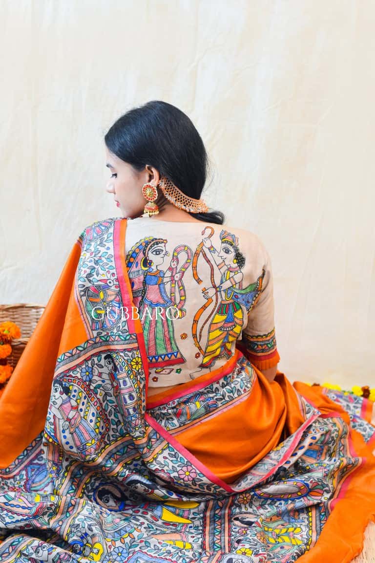 'SITA RAM' Handpainted Madhubani Tussar Silk Saree Blouse Set — image 6 of 9