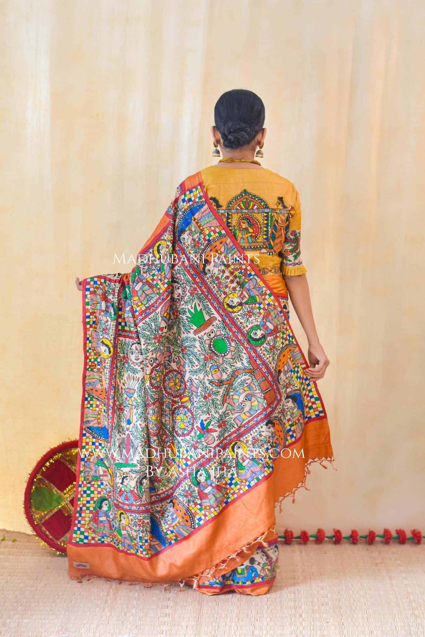 "MITHILA KOHBAR" Rust Orange Hand Painted Madhubani Tussar Silk Saree Blouse set — image 2 of 8