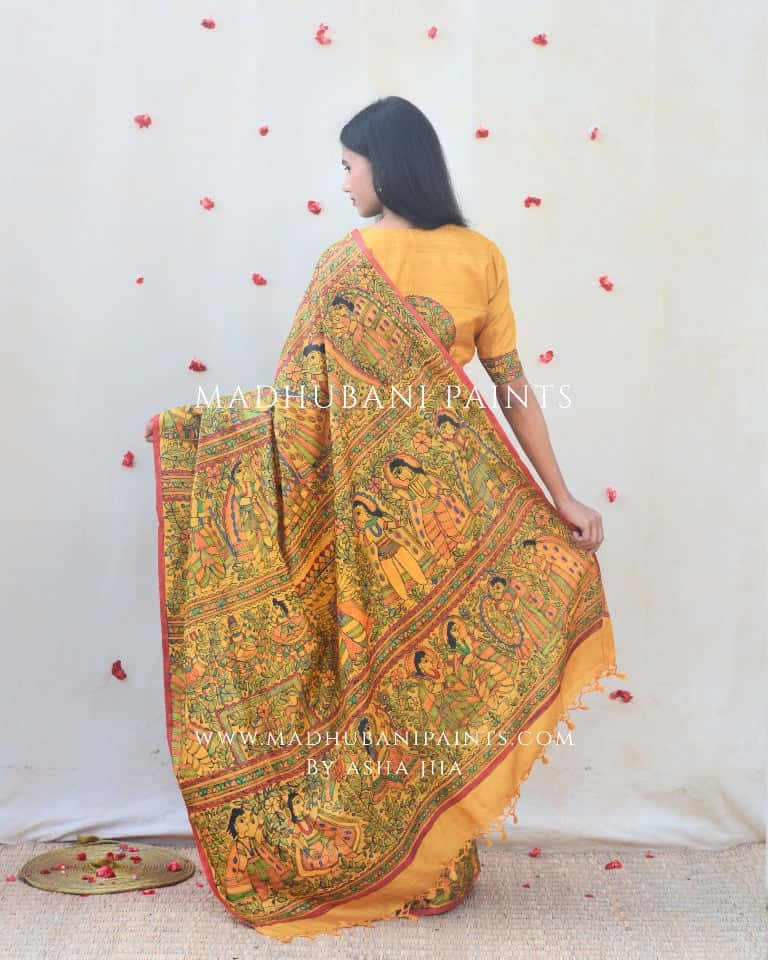 RAMAYANA' Handpainted Madhubani Tussar Silk Saree Blouse Set — image 6 of 7