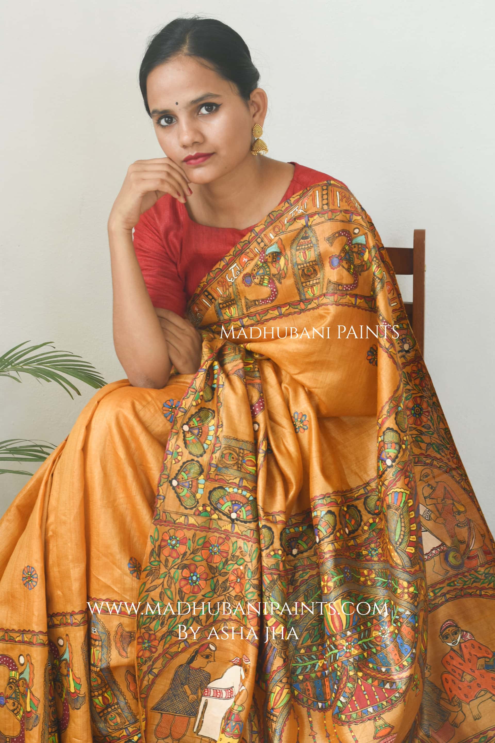 'SAI BABA' Handpainted Madhubani Tussar Silk Saree — image 2 of 8
