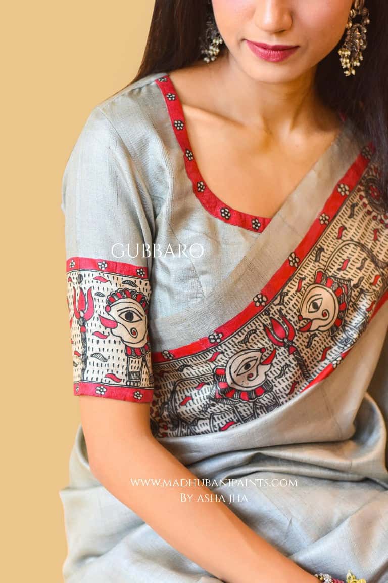 'RAJESHWARI' Handpainted Madhubani Tussar Silk Blouse — image 4 of 7