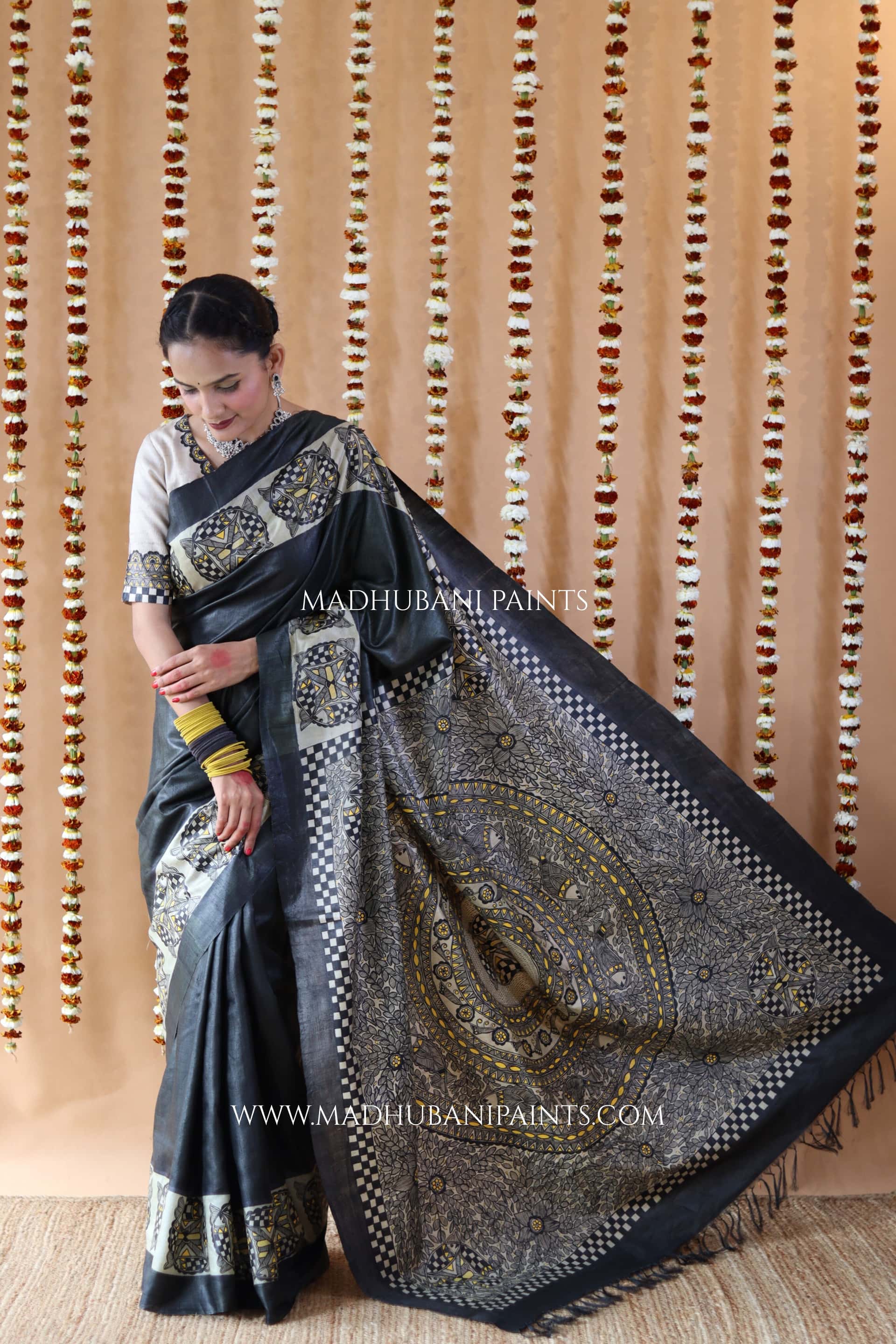 SAMUNDRAMAYI Yellow Hand-Painted Madhubani Tussar Silk Saree — image 5 of 7