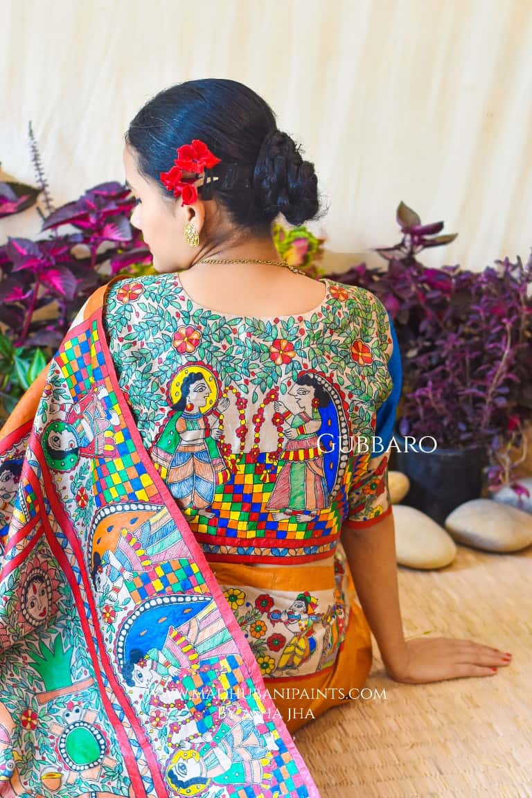 Swayamvar Kohbar Kathaa Madhubani Paints Hand Painted Saree Blouse Set — image 4 of 7