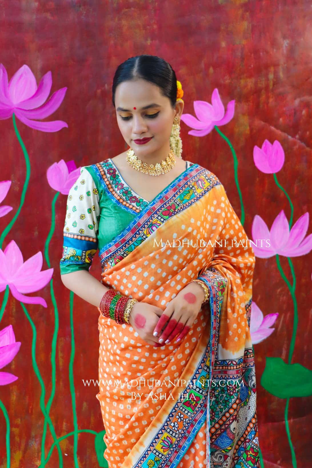 "BHARAT KA DUSSEHRA" Handpainted Madhubani Bandhini Tussar Silk Saree — image 8 of 8