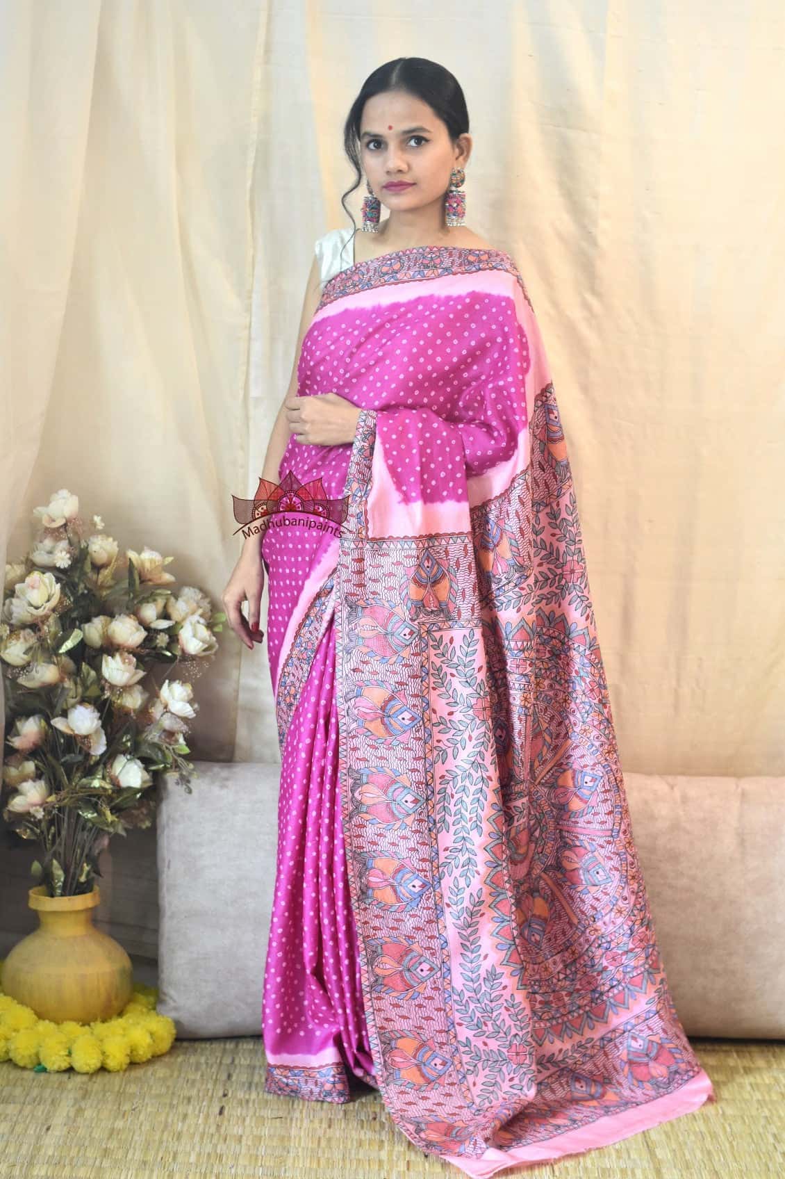 Madhubani Bandhani Gulabi Matasya Leela Hand Painted Saree — image 4 of 4
