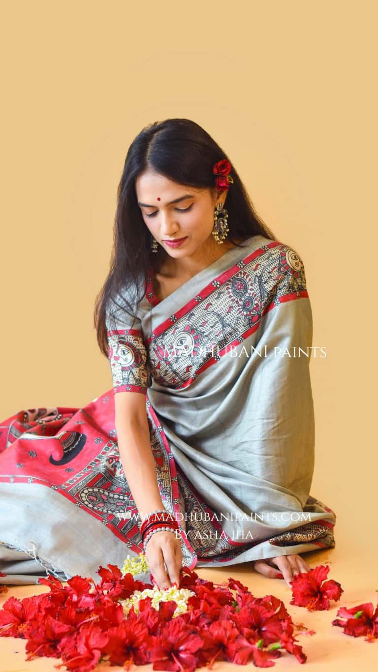 'RAJESHWARI' Handpainted Madhubani Tussar Silk Blouse — image 2 of 7