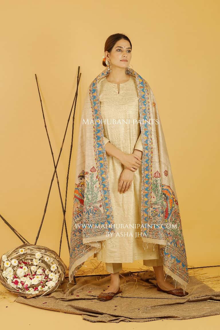 Mithila Doli Madhubani Handpainted Pure Handwoven Tussar Silk Dupatta — image 2 of 4
