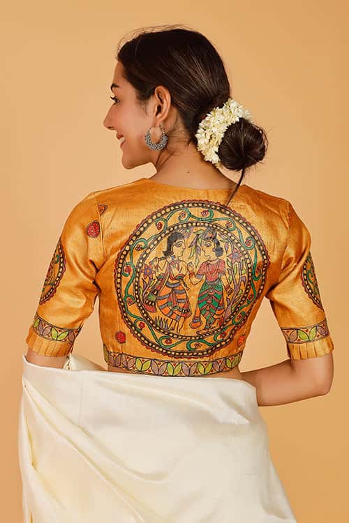 'Radha Raman' Handpainted Madhubani Tussar Silk Blouse — image 4 of 7