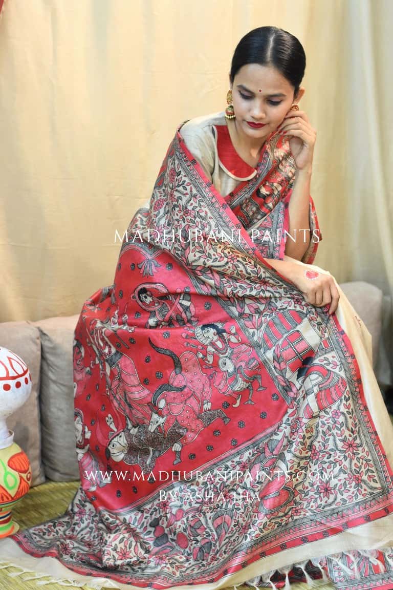 'MAHAGAURI' Handpainted Madhubani Tussar Silk Saree — image 4 of 7