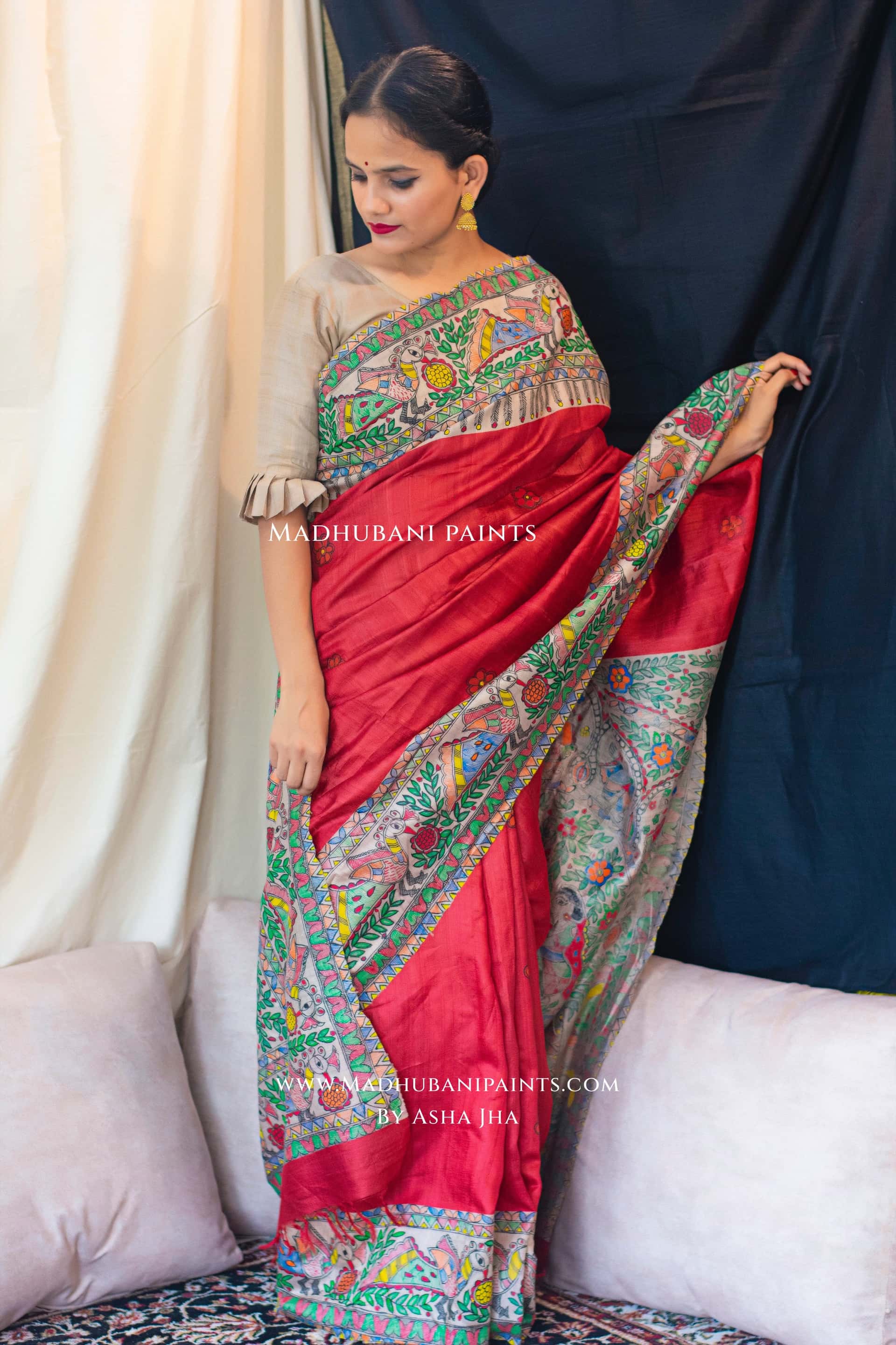 LAAL MANORATH Handpainted Madhubani Tussar Silk Saree Blouse Set — image 4 of 6