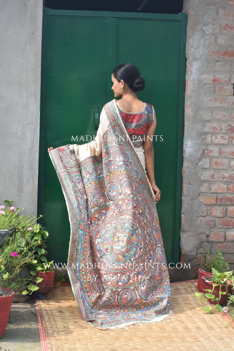 'MATSYA KACHNI' Handpainted Madhubani Tussar Silk Saree — image 2 of 8