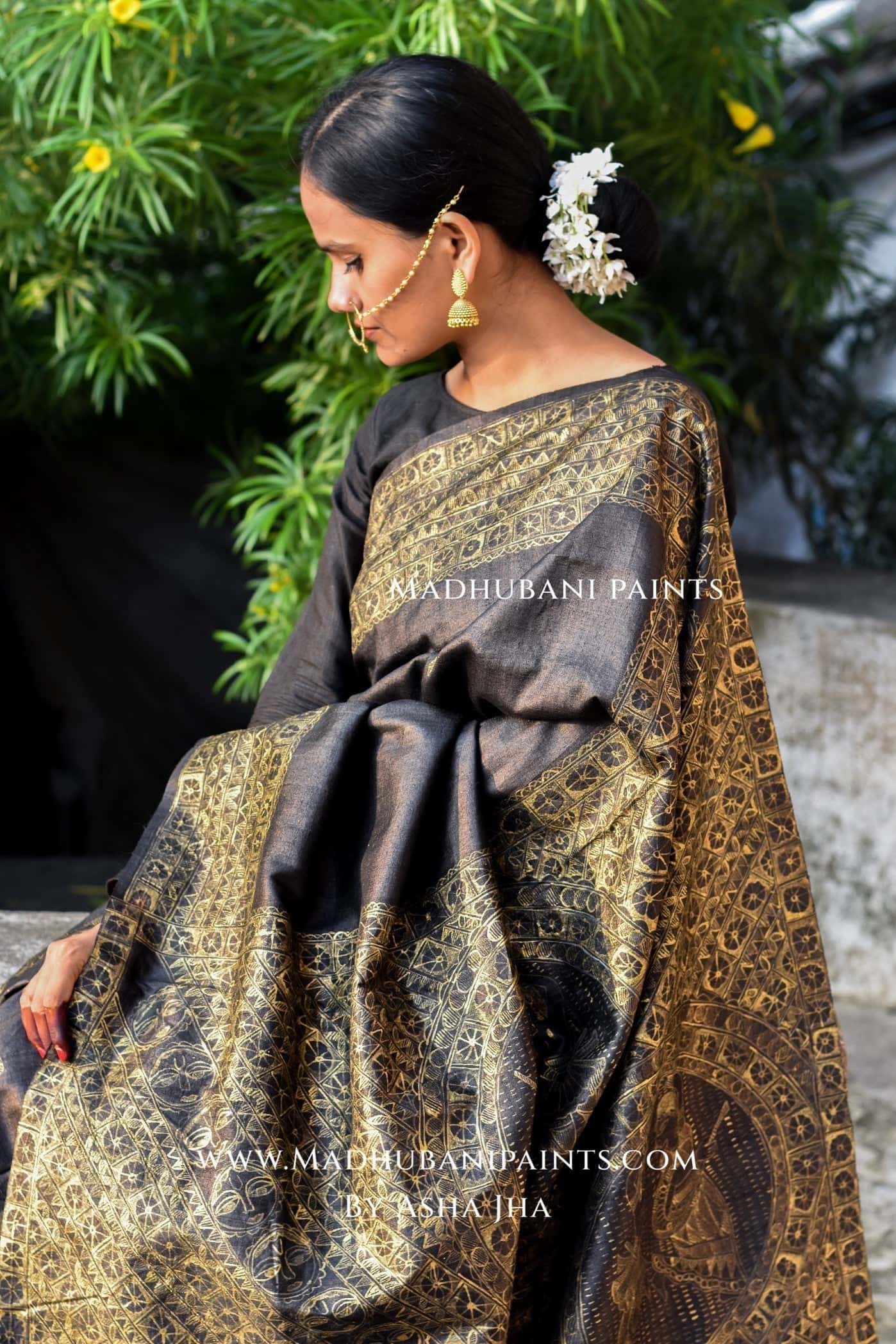 RADHA KRISHNA NRITYA Hand-painted Madhubani Tussar Silk Saree Blouse Set — image 3 of 6