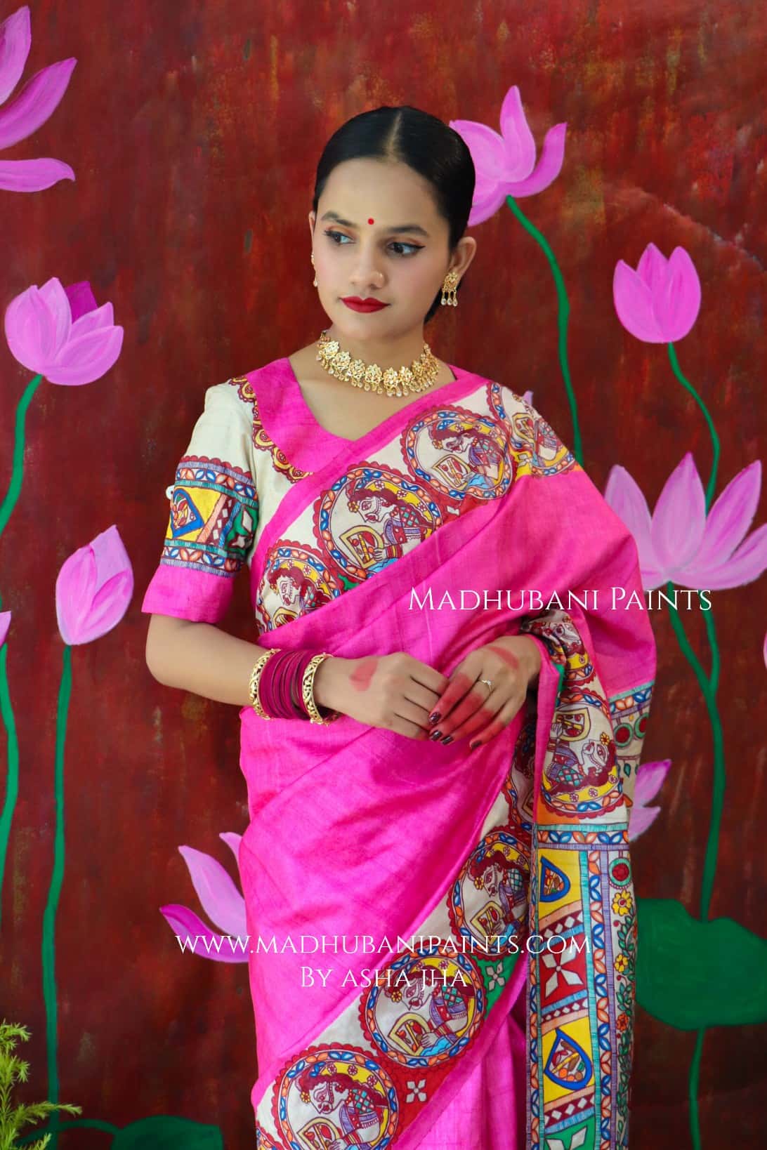 CHHATH MAHAPARV Handpainted Madhubani Tussar Silk Saree Blouse Set — image 10 of 11